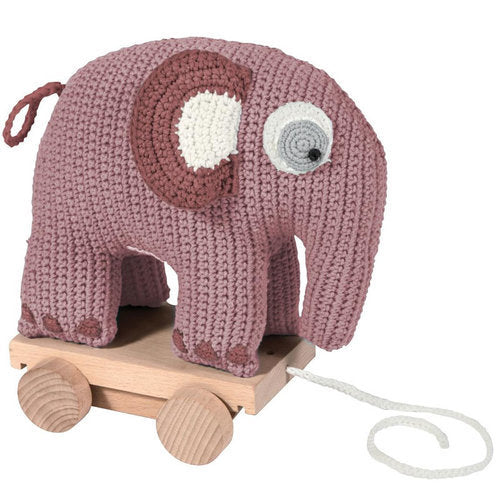 Handmade Crochet pull along animal, elephant, light pink