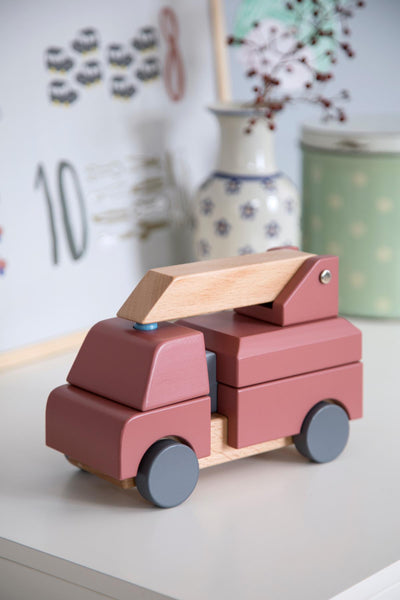 Wooden fire truck, stacking toy, clay red